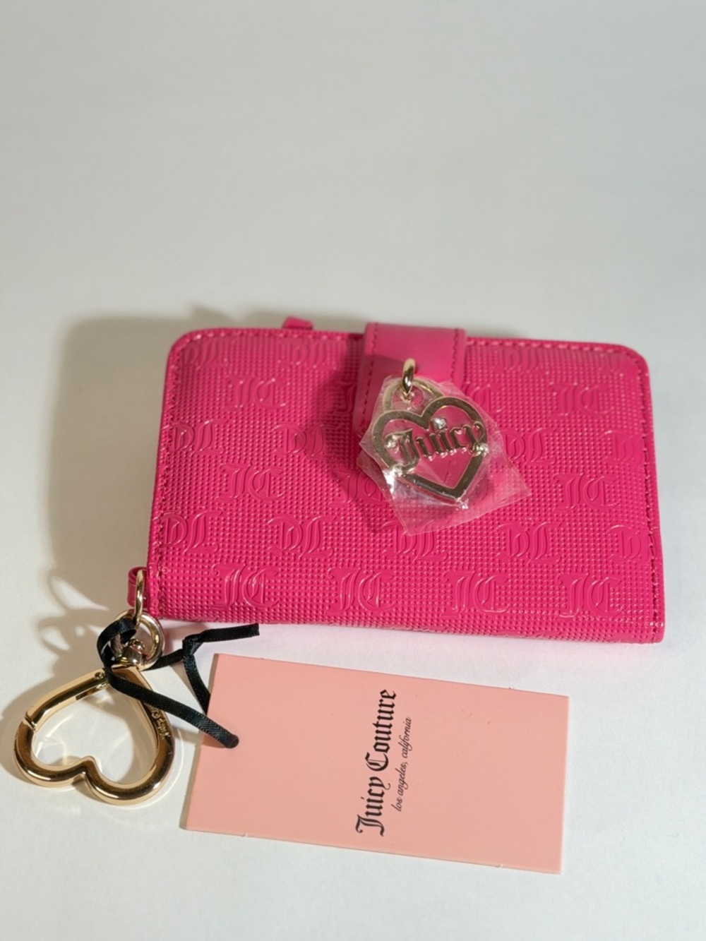 Juicy Couture Bright Pink Embossed Zip Card Holder with Heart Keyring
